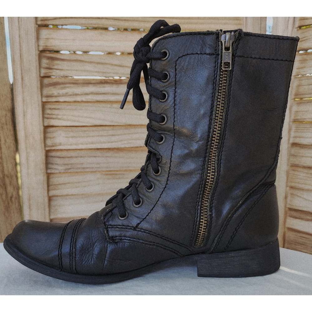Steve Madden Sz 9M Black Leather Troopa Lace Up Combat Boots Side Zip Cap Toe - Picture 5 of 8